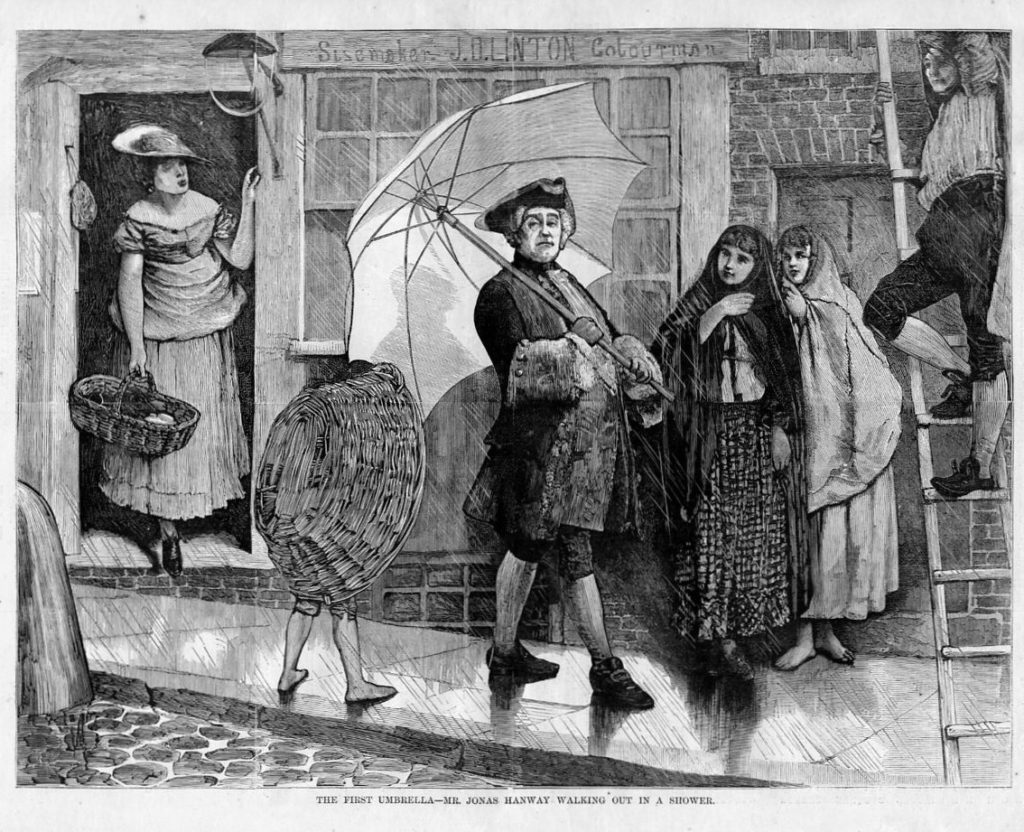 Джонас Хенвей с зонтом на улицах Лондона